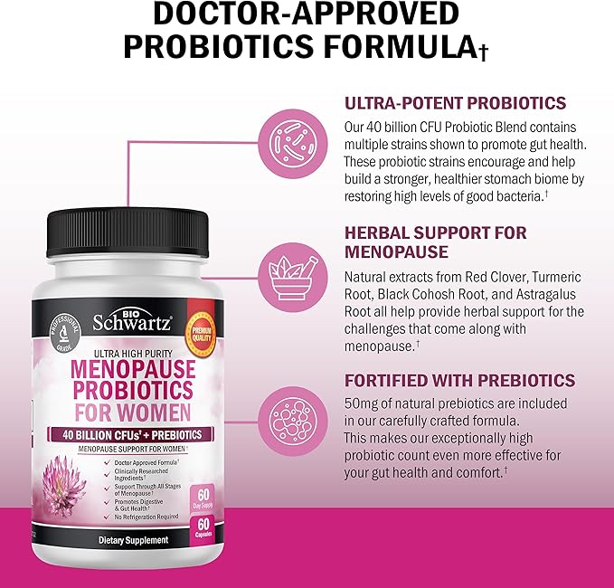 Menopause Supplements for Women - 40 Billion CFU Menopause Probiotics for Women - Menopause Support for Hot Flashes Night Sweats Mood Swings and Hormone Balance - Non-GMO, 60 Count, 60 Servings