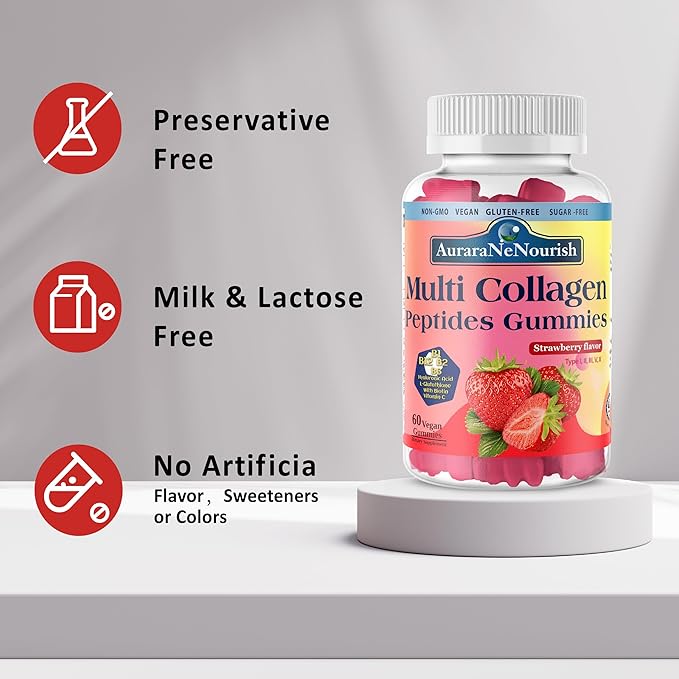 Multi Collagen Peptides Gummies, Sugar Free Hydrolyzed 5000mg Protein丨Type I,II,III,V,X with Biotin Hyaluronic Acid Vitamin C A D B6 B12 L-Glutathione for Skin Hair Nail Joint Bone -Strawberry Gummies