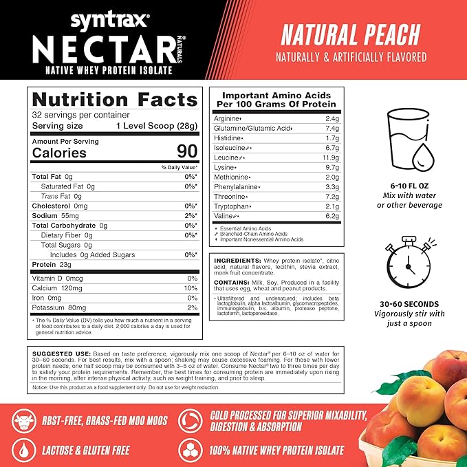 Syntrax Nutrition Nectar Naturals, All Natural Whey Protein Isolate, Refreshing Fruit Juice Flavor, Natural Peach, 2 lbs
