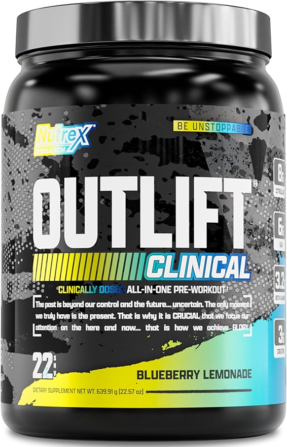 Nutrex Research Outlift Clinical Clinically Dosed Pre Workout Powder with Creatine, Citrulline, EAA | Energy, Performance, Pump Preworkout Supplement for Men & Women (22 Servings, Blueberry Lemonade)