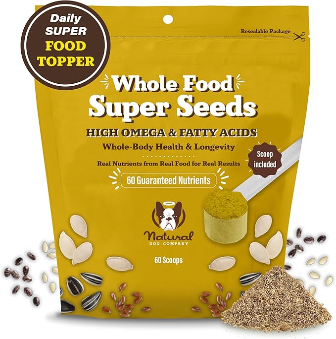 Natural Dog Company Super Seeds Dog Food Topper, Omega-Rich, Natural Dog Multivitamin, Superfood Dog Supplement, Dog Coat and Skin Health, Grain-Free Dog Supplement, Daily Dog Nutrition Boost, 8 Oz