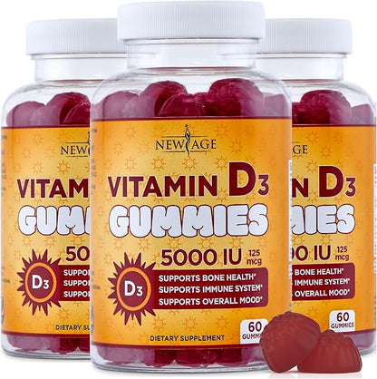 NEW AGE Vitamin D3 5000 IU 125mcg Gummies - Support Immune Support, Strong Bone Health - Non-GMO, Gluten-Free, Dairy-Free, No Gelatin (180 Gummies (Pack of 3))