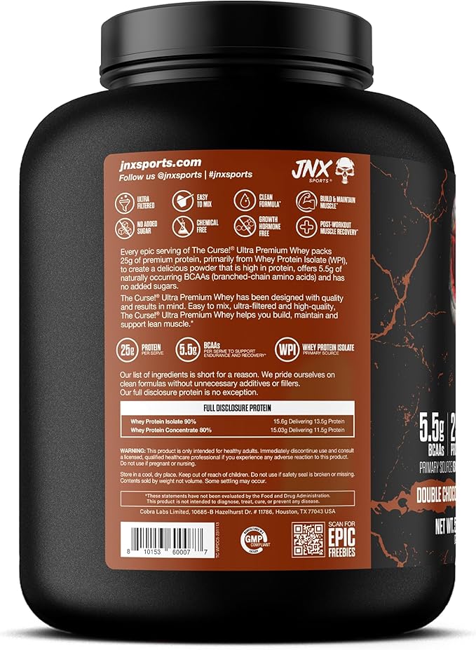 JNX SPORTS The Curse! Ultra Premium Whey Protein Powder Double Chocolate 5lb | 25g Protein Per Serve, Primary Source Whey Isolate