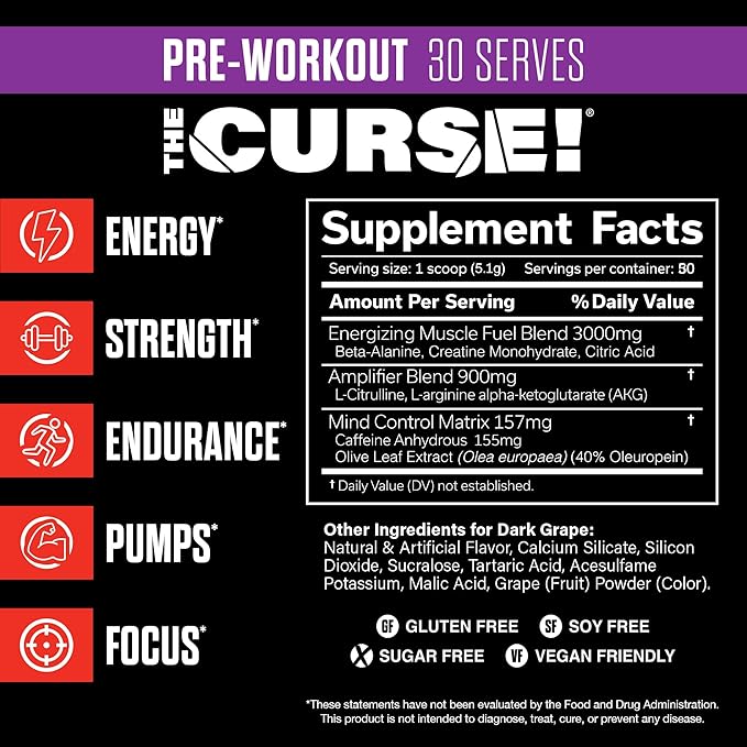 JNX SPORTS The Curse! Pre Workout Powder - Dark Grape 30 Servings | Preworkout: Boost Strength, Energy + Focus for Men & Women | Caffeine, Beta-Alanine, Creatine & L-Citrulline