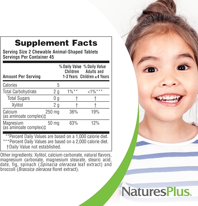 NaturesPlus Animal Parade Sugar-Free Children's Calcium, Vanilla Sundae Flavor - 90 Chewable Animal Shaped Tablets, Pack of 2 - Magnesium for Bone Health - Gluten Free - 90 Servings