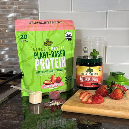 Organic Muscle Vegan Protein Powder - Plant Based Strawberry Multi-Sourced Protein Powder with Pea, Hemp, Brown Rice, Chia Seed & Amino Acids - Low Calorie for Muscle Growth & Speed Recovery