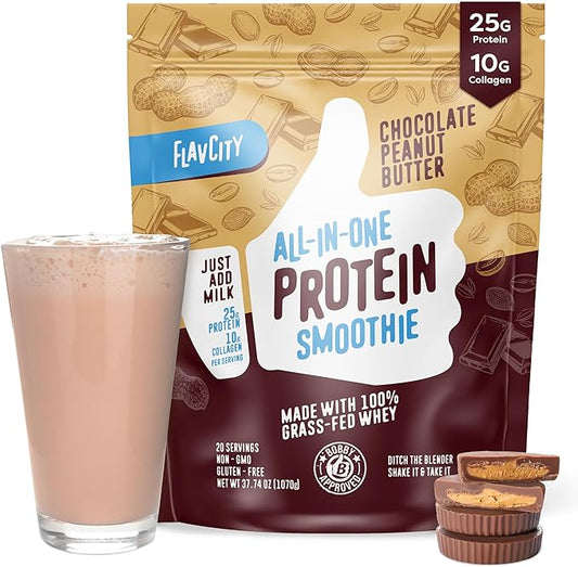 FlavCity Protein Powder Smoothie, Chocolate Peanut Butter - 100% Grass-Fed Whey Protein Smoothie with Collagen (25g of Protein) - Gluten Free & No Added Sugars (37.74 oz)