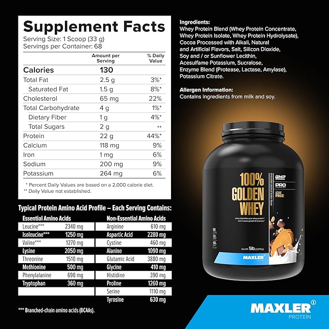 Maxler 100% Golden Whey Protein - 22g of Premium Whey Protein Powder per Serving - Pre Post Intra Workout - Fast-Absorbing Whey Hydrolysate, Isolate & Concentrate Blend - Chocolate Peanut Butter 5 lbs