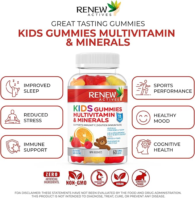 Renew Actives Kids Multivitamin Gummies – Promotes Health & Wellness – Supports Healthy Hair, Skin, Nails, Eyesight, Strong Bones, Teeth & Gums – Tasty, Nutrient-Rich for Growing Kids – 60 Gummies