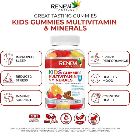 Renew Actives Kids Multivitamin Gummies – Promotes Health & Wellness – Supports Healthy Hair, Skin, Nails, Eyesight, Strong Bones, Teeth & Gums – Tasty, Nutrient-Rich for Growing Kids – 60 Gummies