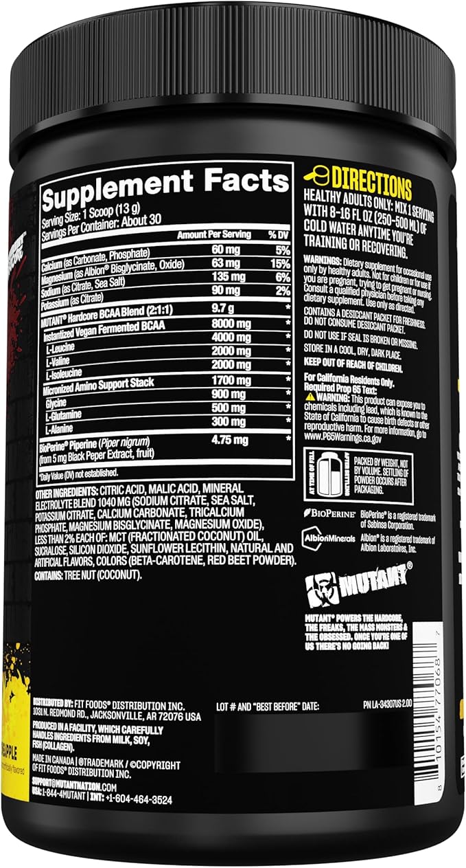 Mutant Hardcore BCAA - Pre, Intra or Post Workout – BCAA Next Level branched-Chain Amino Acids Supplement – Hydration + Recovery - 30 Serving - Pineapple