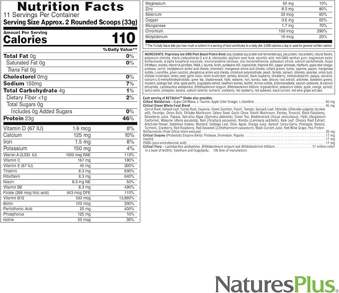 Natures Plus KETOSlim Vanilla Shake - .80 lbs, Vegetarian Protein Powder - Low Carb Plant-Based Meal Replacement - for Keto, Low Glycemic & Diabetic Lifestyles - Gluten-Free - 11 Servings