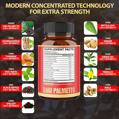 Premium Saw Palmetto Capsules - Combined with Ashwagandha, Turmeric, Tribulus, Maca, Green Tea, Ginger, Holy Basil & More - Natural Prostate Support - 90 Capsules 3-Month Supply