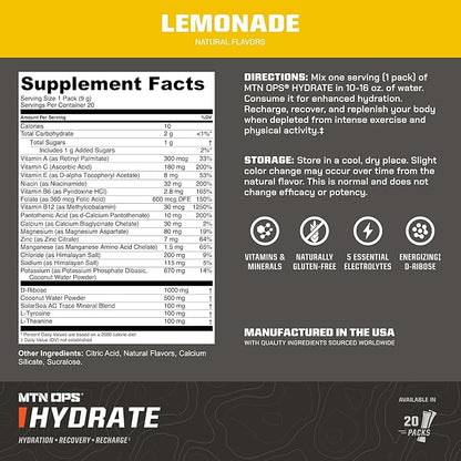 MTN OPS Hydrate Electrolytes Powder Drink Mix, 20 Single Serving On-The-Go Electrolyte Packs with Over 1000mg of Electrolytes per Serving, Lemonade