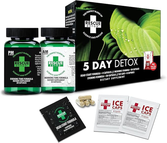 Rescue Detox 5 Day Permanent Detox Kit - 72ct Capsules | Comprehensive Full Body Cleanse with Bonus Instant ICE Caps