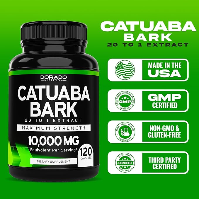 Catuaba Bark Extract 10,000mg Per Serving (120 Capsules) (Erythroxylum Catuaba) 3rd Party Tested - Drive & Stamina - Made in The USA - Gluten Free & Non-GMO - Vegan - For Men & Women - (120 Capsules)
