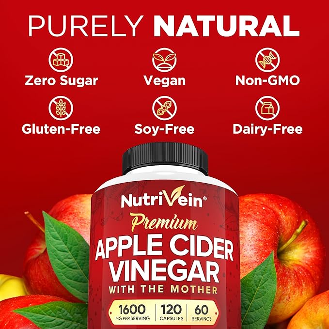 Nutrivein Apple Cider Vinegar Capsules with Mother - 1600mg - 120 Vegan Pills - Supports Healthy Diet, Digestion, Keto, Cleanser - Best Supplement for Immune System - ACV Raw