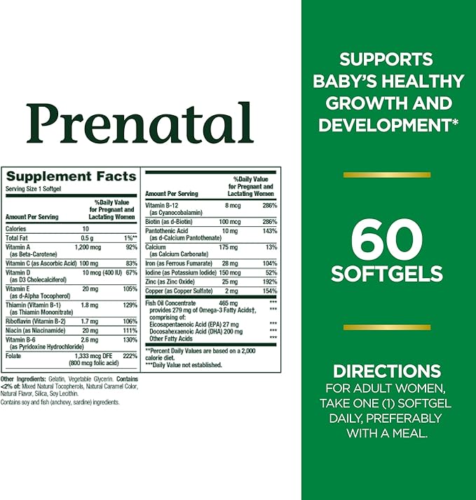 Nature's Bounty Prenatal Multivitamin, Supports Baby's Healthy Growth and Development, with 200mg DHA, 60 Softgels