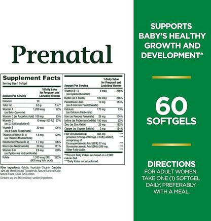 Nature's Bounty Prenatal Multivitamin, Supports Baby's Healthy Growth and Development, with 200mg DHA, 60 Softgels