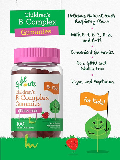 Carlyle Kids B Complex Gummies | 100 Count | Vegan | Peach Raspberry Flavor | Non-GMO, Gluten Free | by Lil' Sprouts