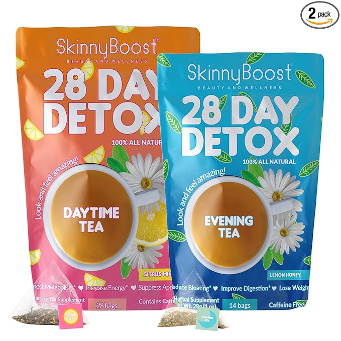 SkinnyBoost 28 Day Detox Tea Kit-1 Daytime (28 Bags) 1 Evening (14 Bags) Non GMO, Vegan, All Natural Teas, Made with Green Tea and Herbal Teas for Natural Detox and Cleanse, Reduce Bloating