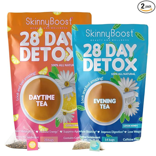 SkinnyBoost 28 Day Detox Tea Kit-1 Daytime (28 Bags) 1 Evening (14 Bags) Non GMO, Vegan, All Natural Teas, Made with Green Tea and Herbal Teas for Natural Detox and Cleanse, Reduce Bloating
