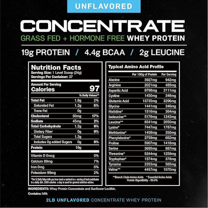 Muscle Feast Grass-Fed Whey Protein Concentrate Powder, All Natural Hormone Free Pasture Raised, Unflavored, 2lb