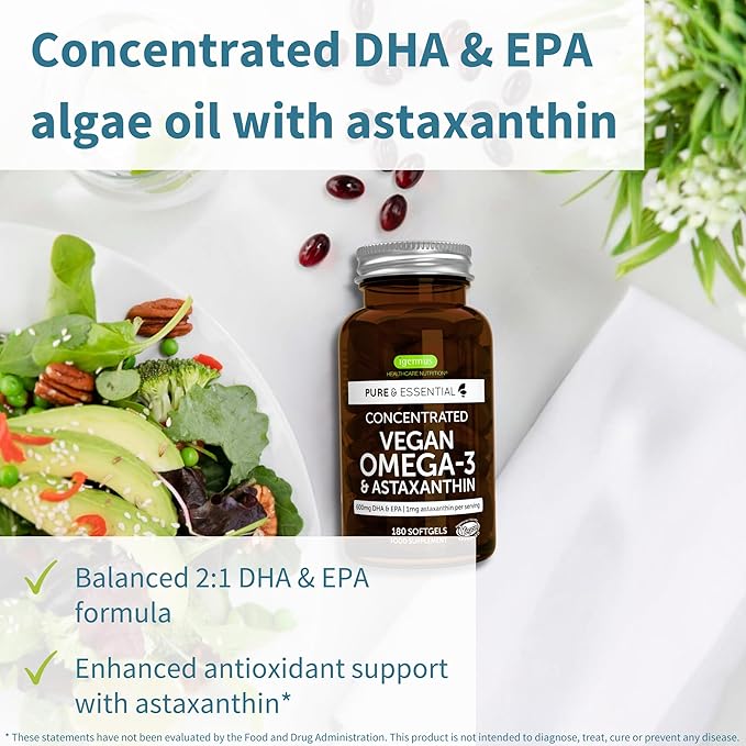 Vegan Omega-3 Natural Triglyceride Algae Oil, DHA & EPA Fatty Acid Supplement, 180 Small Softgels with Astaxanthin, Easy-to-Swallow, Pure & Sustainable, 90 Servings, by Igennus