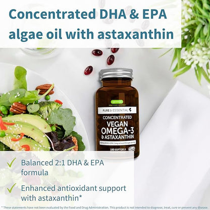 Vegan Omega-3 Natural Triglyceride Algae Oil, DHA & EPA Fatty Acid Supplement, 180 Small Softgels with Astaxanthin, Easy-to-Swallow, Pure & Sustainable, 90 Servings, by Igennus