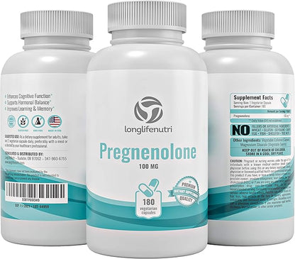 Brain & Hormone Support Pregnenolone - 180 Veggie Caps for Enhanced Memory, Focus & Vitality - Made in USA