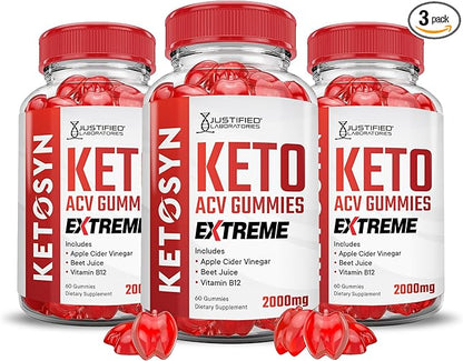 (3 Pack) Ketosyn Keto ACV Gummies Extreme 2000MG Ketosyn Keto Gummies Apple Cider Vinegar Formulated with Pomegranate Beet Juice Powder B12 Vegan Non GMO 180 Gummys