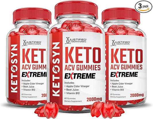 (3 Pack) Ketosyn Keto ACV Gummies Extreme 2000MG Ketosyn Keto Gummies Apple Cider Vinegar Formulated with Pomegranate Beet Juice Powder B12 Vegan Non GMO 180 Gummys