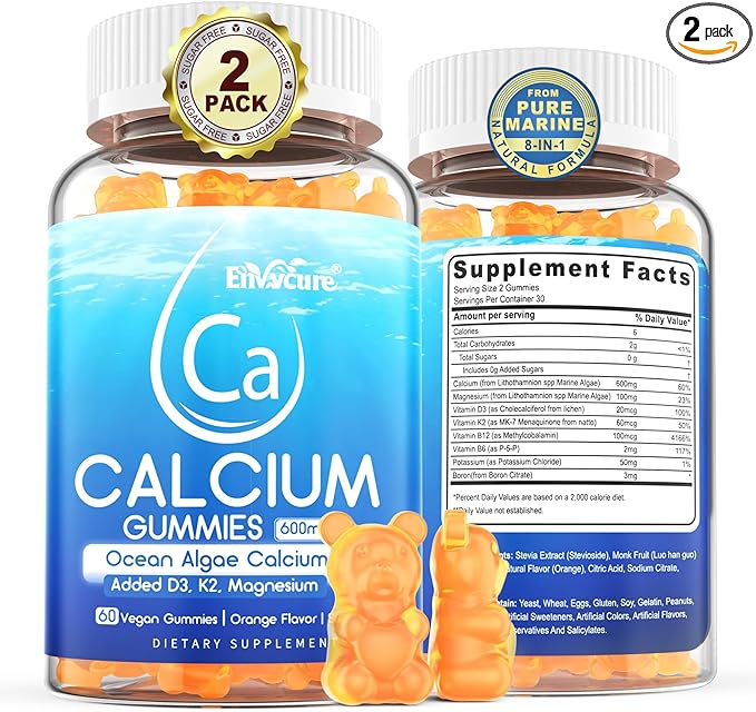 Calcium Gummies 600mg - Ocean Algae Calcium | Vitamin D3, K2, Magnesium, B6 for Bone Strength, Muscle & Immnue | Sustainably Sourced Plant Based Calcium Supplement, 70+ Trace Minerals, Vegan, 2 Pack