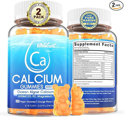 Calcium Gummies 600mg - Ocean Algae Calcium | Vitamin D3, K2, Magnesium, B6 for Bone Strength, Muscle & Immnue | Sustainably Sourced Plant Based Calcium Supplement, 70+ Trace Minerals, Vegan, 2 Pack