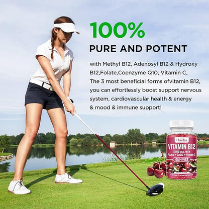 Vitamin B12 Complex 5000 mcg Methyl B12, Adenosyl B12 & Hydroxy B12, with Coenzyme Q10, Folate, Vitamin C, Chewable B 12 for Energy Support, Metabolism, Bone Health - Cherry Flavor