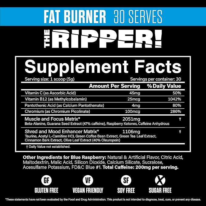 JNX SPORTS The Ripper! Shredding Thermogenic Fat Burner - Blue Raspberry 30 Servings | Advanced Fast Acting Thermogenic Pre-Workout, Appetite Suppressant for Men & Women