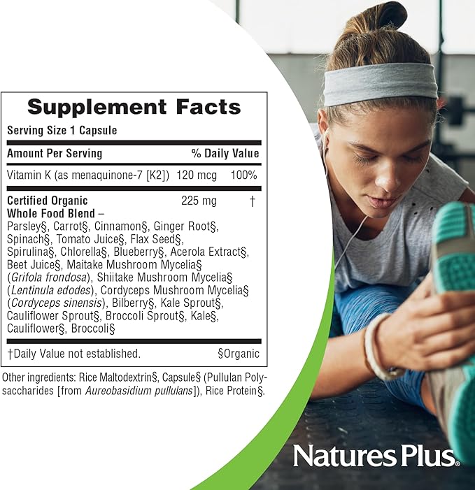 Natures Plus Source of Life Garden Certified Organic Vitamin K2-120 mcg, 60 Vegan Capsules - Bone Health Supplement - with Natural Whole Food Enzymes - Vegetarian, Gluten-Free - 60 Servings