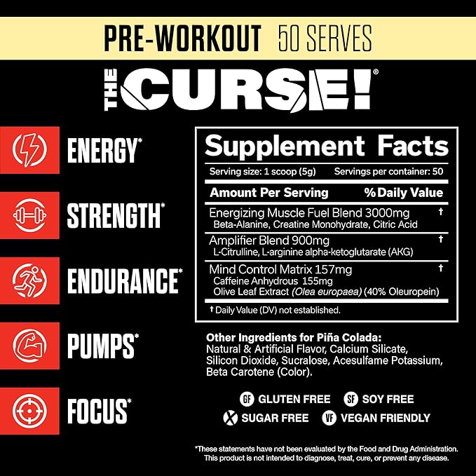 JNX SPORTS The Curse! Pre Workout Powder - Pina Colada 50 Servings | Preworkout: Boost Strength, Energy + Focus for Men & Women | Caffeine, Beta-Alanine, Creatine & L-Citrulline
