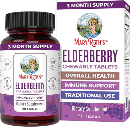 MaryRuth Organics Elderberry Vitamin C Chewable Tablets | Sambucus nigra | Black Elderberry for Immune Support | 3 Month Supply | Gluten Free | Non-GMO | 90 Servings