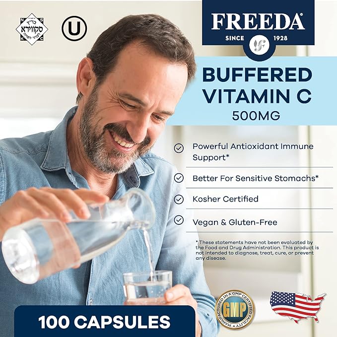 FREEDA Vitamin C - Buffered Vitamin C 500mg - Kosher - Powerful Antioxidant Immune Support - Sensitive Stomach Vitamins C Capsules Calcium Ascorbate - Vitamin C 500 mg - VIT C Supplement (100 Count)