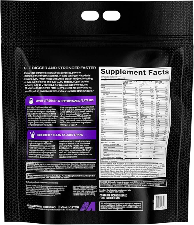 MuscleTech Mass Gainer Protein Powder, Mass-Tech Extreme 2000, Muscle Builder Whey Protein Powder, Protein + Creatine + Carbs, Max-Protein Weight Gainer for Women & Men, Vanilla, 20 lbs