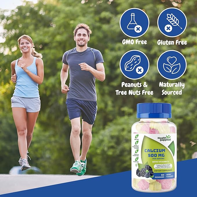 Calcium 500mg with Vitamin D3 1000 IU Gummies | Daily Dietary Supplement | Bone Strength, Growth, Teeth | for Adults, Teens, Kids | Great Tasting Natural Berry Flavor Vitamin Gummy