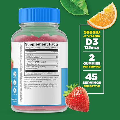 Lifeable Sugar Free Vitamin D 5000 IU - Great Tasting Natural Flavor Gummy Supplement - Gluten Free Vegetarian GMO-Free Chewable - for Immune Support and Bone Health - for Adults - 90 Gummies