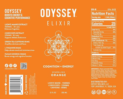 Odyssey Elixir Functional Beverage - Adaptogen Drink with Lions Mane, Cordyceps, L Theanine & Green Tea Caffeine - for Cognition, Energy & Mood Boost - 0 Added Sugar - Orange - 12 Fl oz, 12 Pack