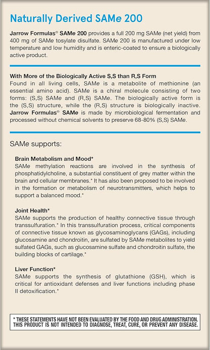 Jarrow Formulas® SAMe 200 mg, Supports Joint Health, Liver Function, Brain Metabolism, 60 Tablets, Up To A 60 Day Supply