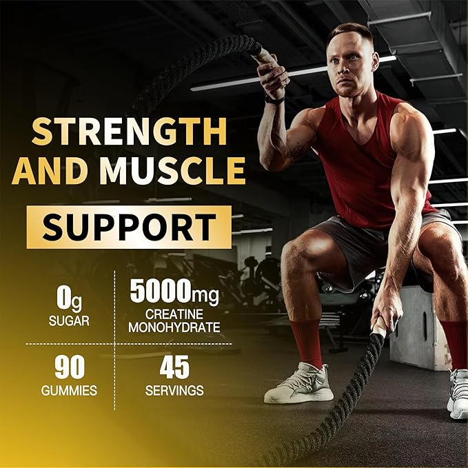 Creatine Monohydrate Gummies 5g for Men Women - Sugar Free Chewable Supplement. 90 Gummies Lemon.