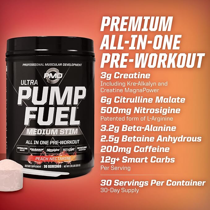PMD Sports Ultra Pump Fuel - Pre Workout Drink Mix - Energy, Strength, Endurance, Recovery - Complex Carbohydrates and Amino Energy-Peach Nectarine (30 Servings)