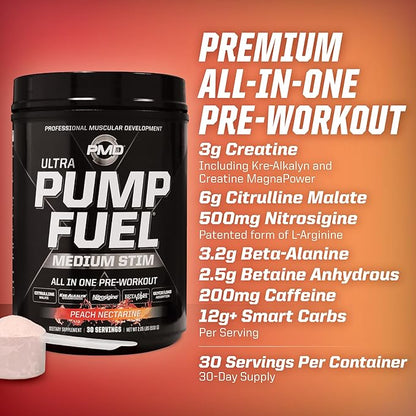 PMD Sports Ultra Pump Fuel - Pre Workout Drink Mix - Energy, Strength, Endurance, Recovery - Complex Carbohydrates and Amino Energy-Peach Nectarine (30 Servings)