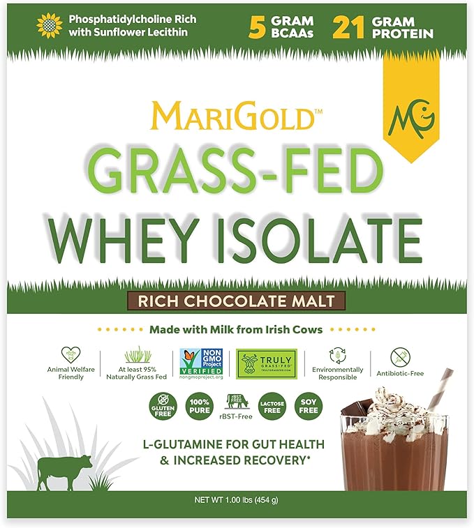 MariGold Grass-fed Whey Protein Isolate Powder - Rich Chocolate Malt Flavor - 1 Lb | 100% Pure, Cold-Processed, Micro-Filtered, Undenatured, Non-GMO, rBGH Free, Soy Free, Gluten Free, Lactose Free