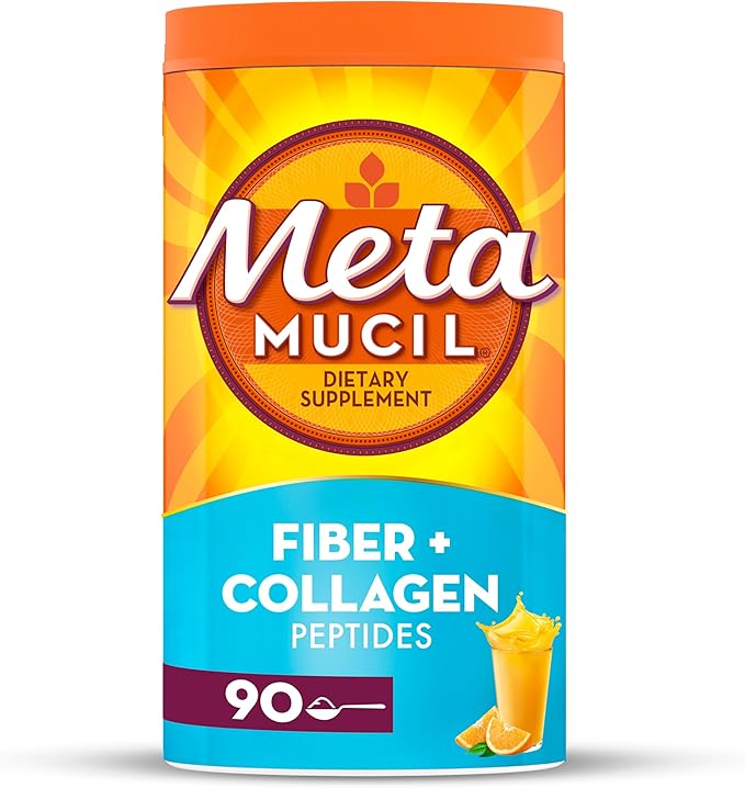 Metamucil Daily Fiber + Collagen, Psyllium Husk Powder, Plant Based, Sugar-Free with Stevia, 3-in-1 Fiber for Digestive Health, Orange Flavored, 90 Doses (29.8 OZ Fiber Powder)